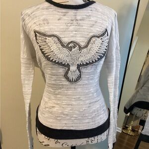 Free Kisses Heathered White and Black Sweater Featuring Eagle Graphic